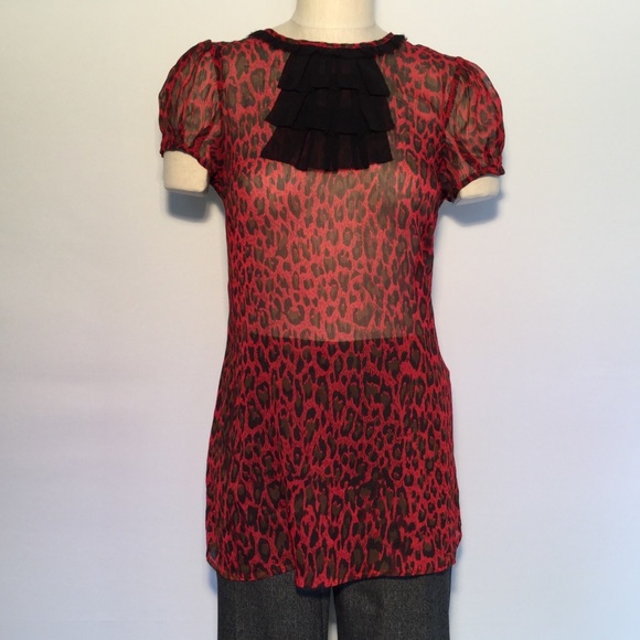 XXI TWIST Red/Black Leopard Print Sheer Tunic - Picture 1 of 6